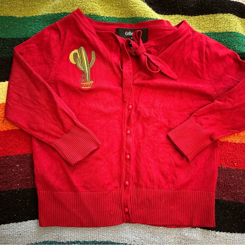 Collectif Red Cardigan with Cactus Embroidery